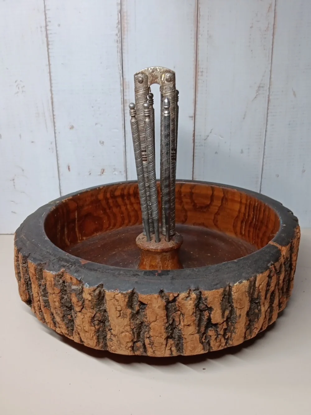 Rustic Bark Wooden Nut Bowl with Metal Pick Set For Entertaining